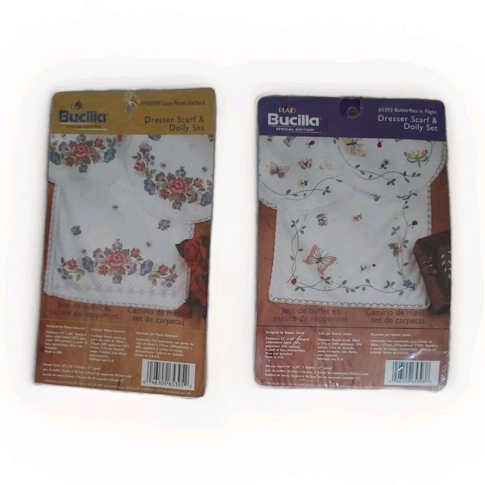 2 Bucilla Embroidery Dresser Scarf & Doily Set Butterflies & Floral Garland NEW